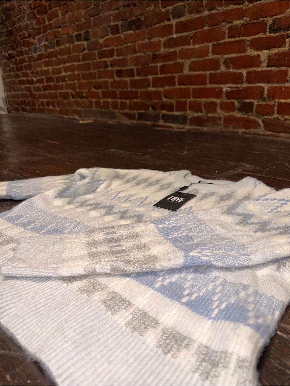 FRYE Fair Isle Nordic Crewneck Sweater Blue Gray White NWT Size S - Picture 4 of 10